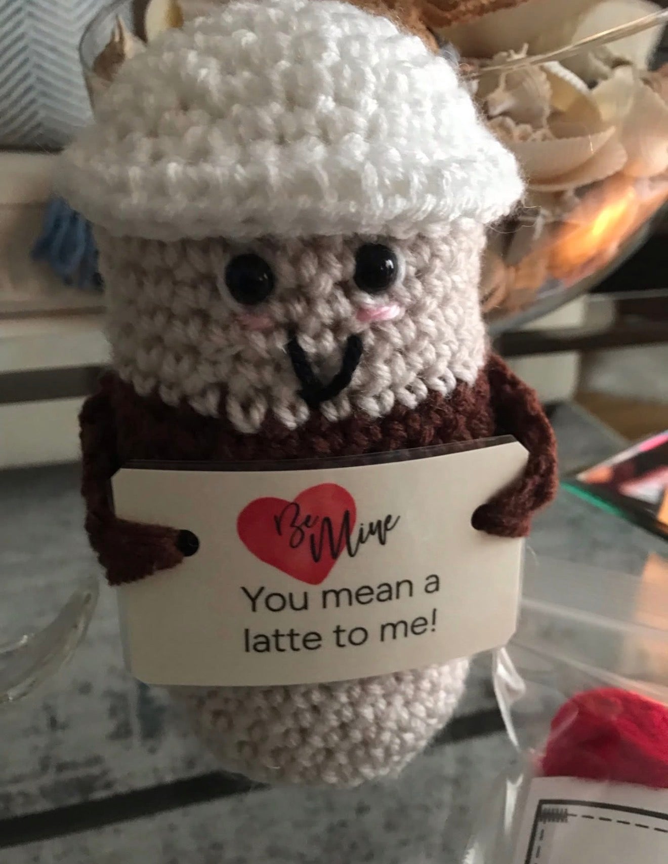 Crochet Coffee Cups with Sentiment, 3 Assorted (sold individually). Handmade by local artist