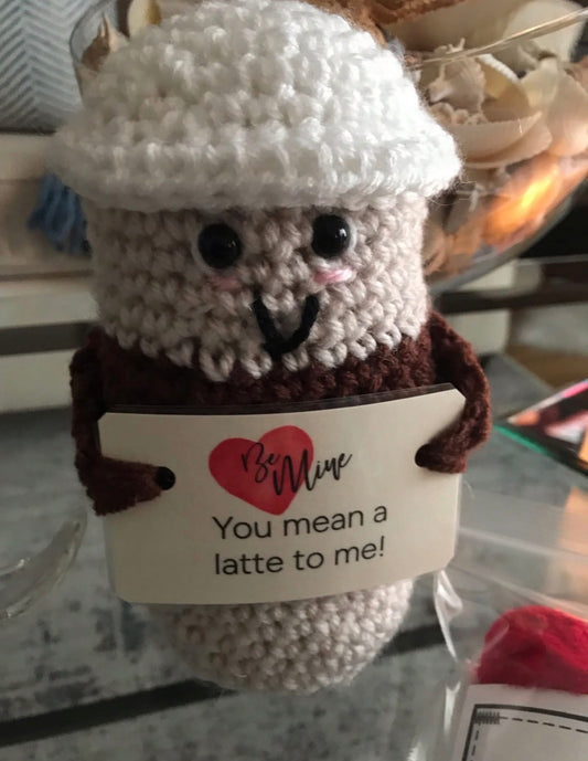 Crochet Coffee Cups with Sentiment, 3 Assorted (sold individually). Handmade by local artist