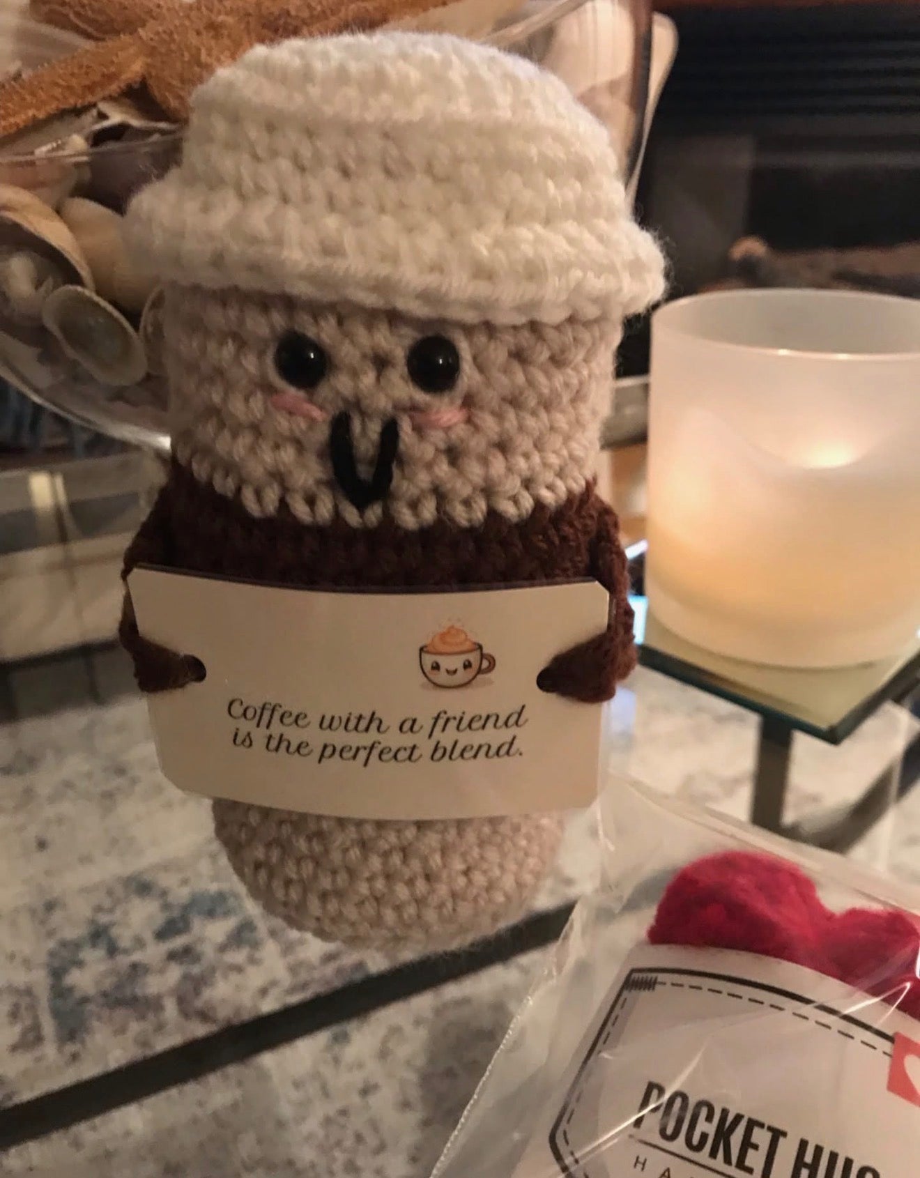 Crochet Coffee Cups with Sentiment, 3 Assorted (sold individually). Handmade by local artist