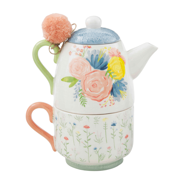 Mud Pie Stacked 8.25" H x 6" Floral Tea For One Teapot and Mug Set 40450001