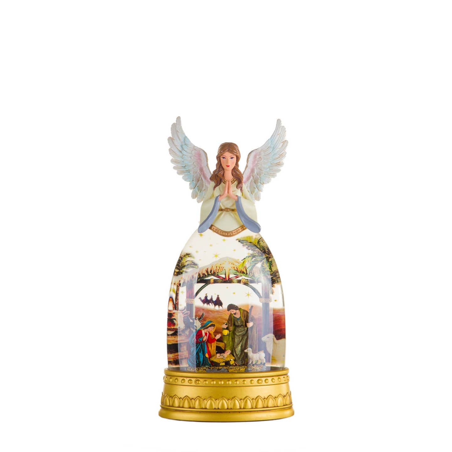 Gold and White Scenic Warm White LED Snow Globe with Angel