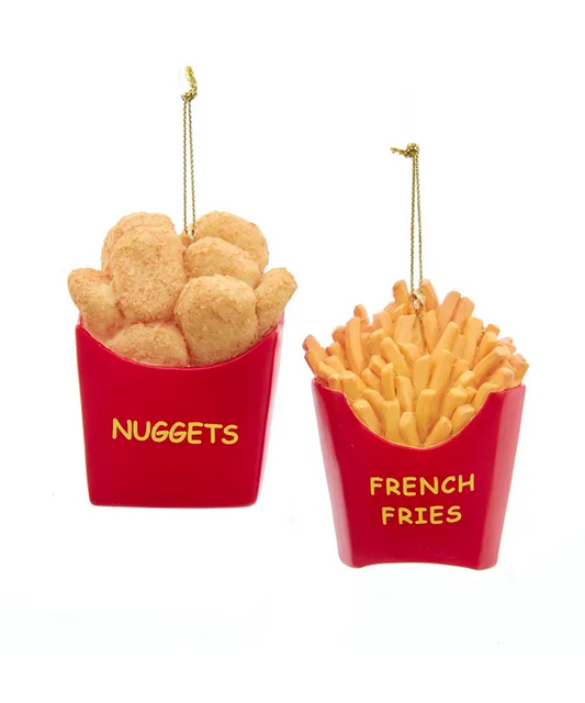 These "French Fries" and "Nuggets" ornaments from Kurt Adler are a fun and festive addition to your holiday décor or Christmas tree. This assortment features nuggets and fries in red containers with yellow lettering. 

