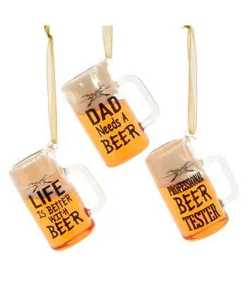 Glass Beer With Words Ornaments, 3 Assorted