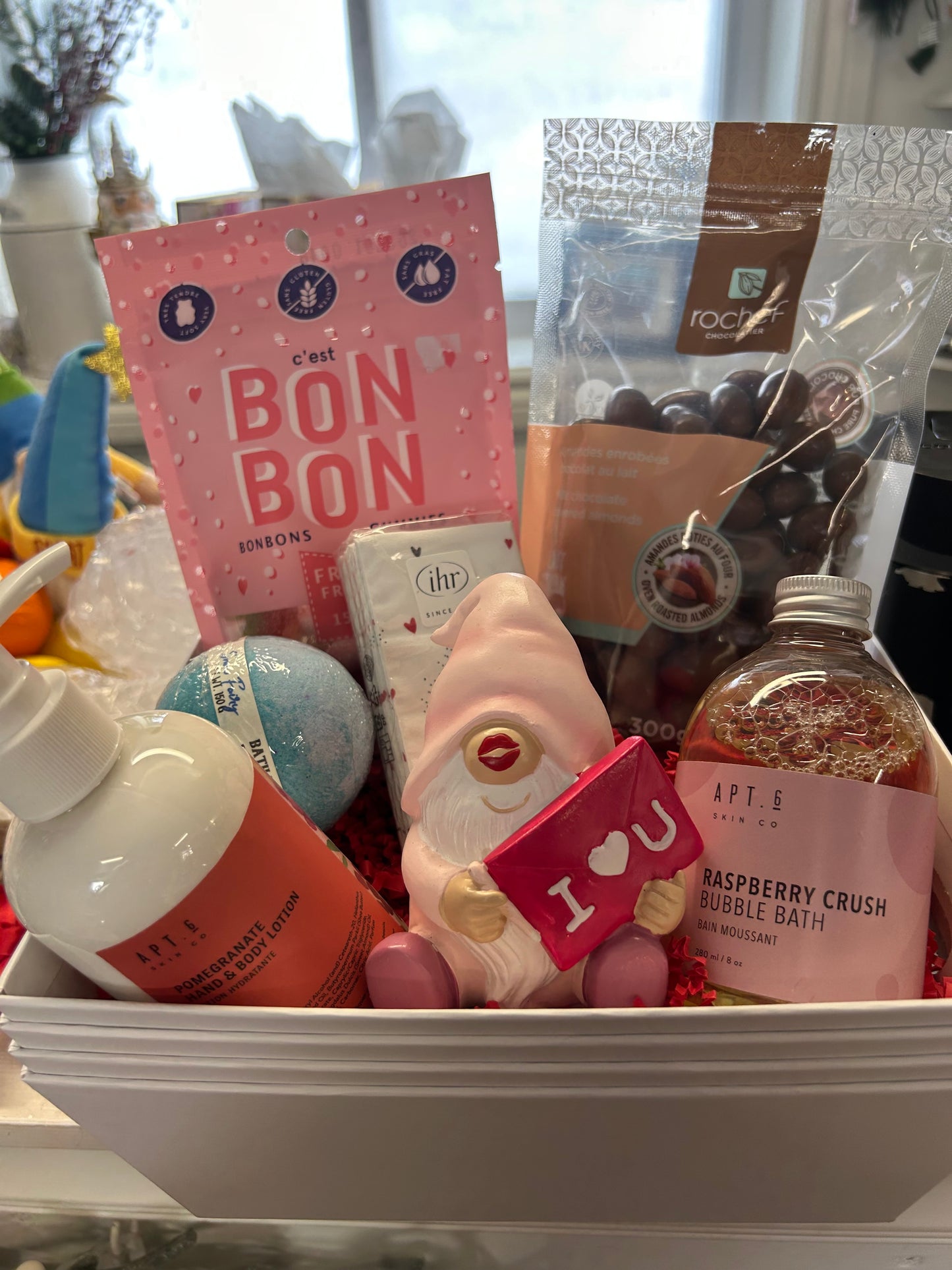 Valentine’s Day Gift Basket with Gnome, Bath & Body Treats & Sweets