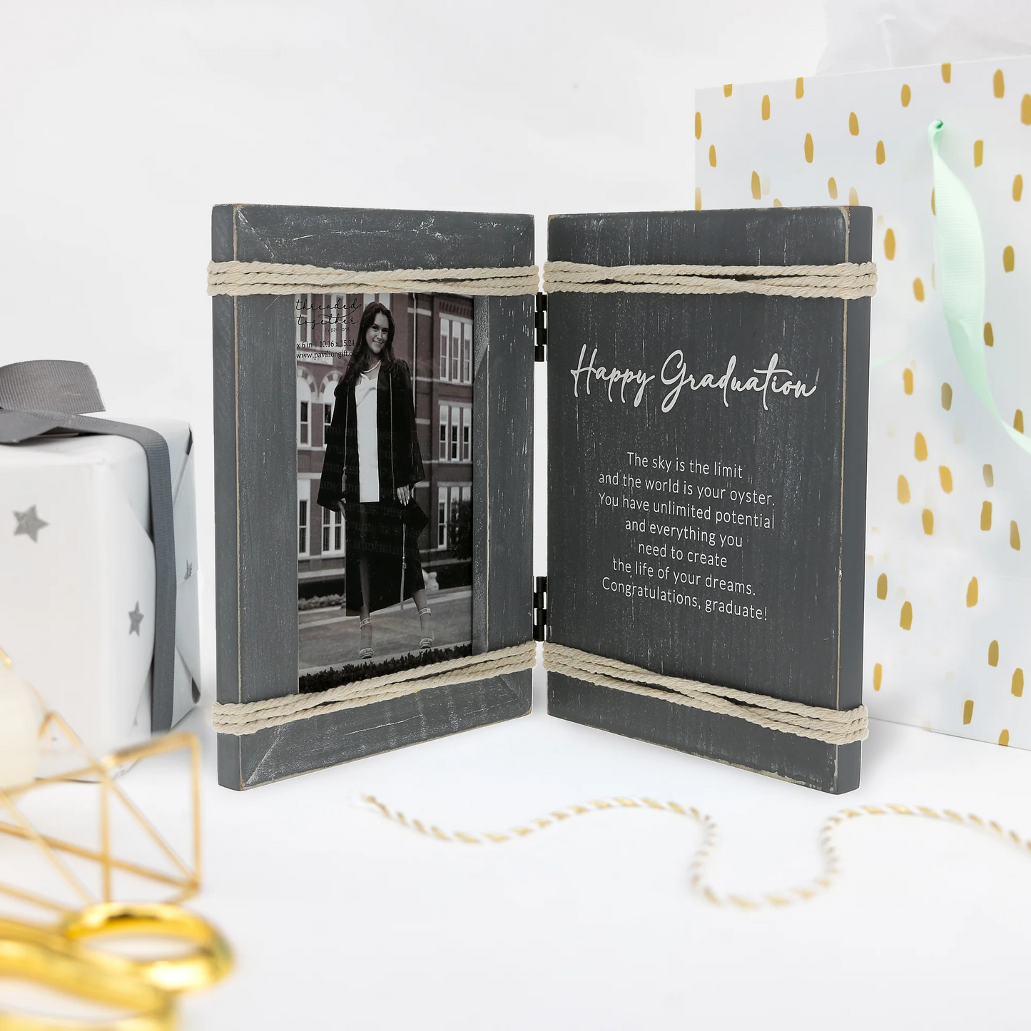 HAPPY GRADUATION 5.5" X 7.5" HINGED SENTIMENT FRAME (HOLDS 4" X 6" PHOTO)
