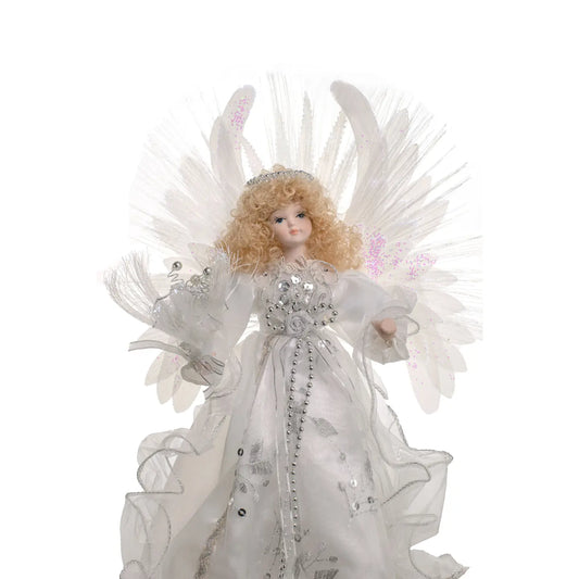 White Fiber Optic Angel Tree Topper with Blonde Hair