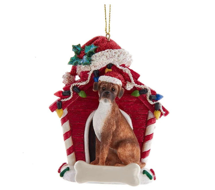 Boxer With Dog House Ornament For Personalization