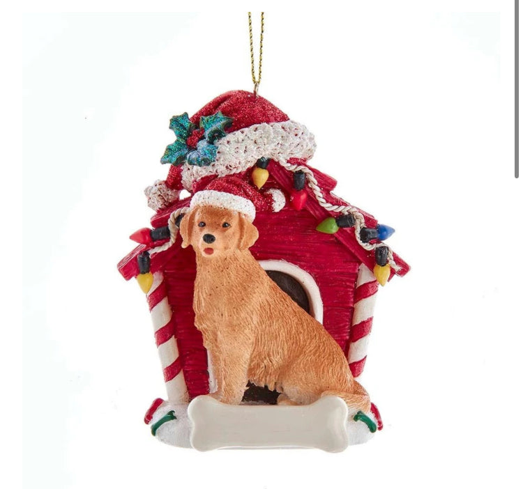 Golden Retriever With Dog House Ornament For Personalization