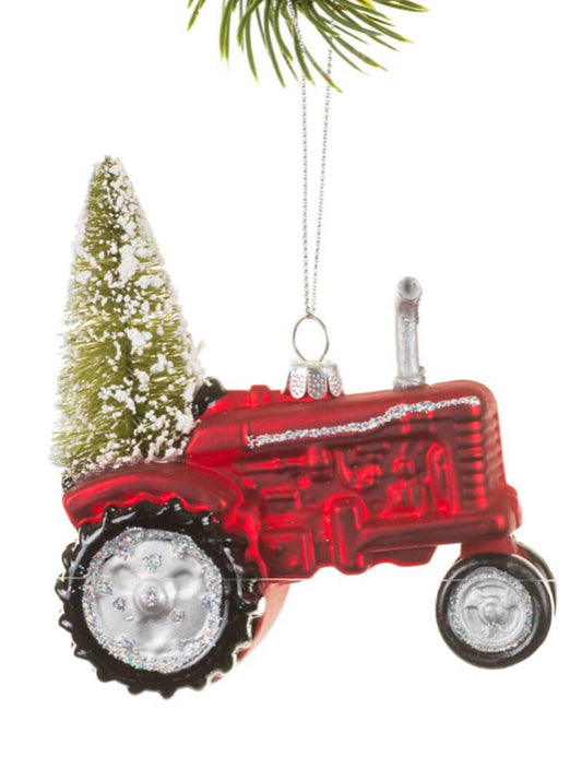 Red and Green Glass Tractor Ornament with aTree Attached