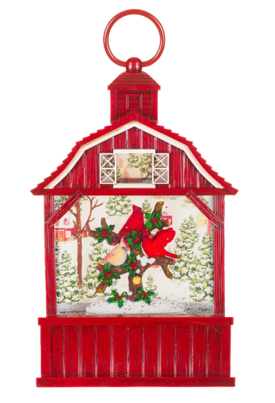 Red Plastic Barnhouse Warm White LED Snow Globe with Cardinals