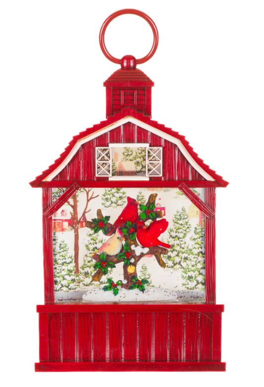 Red Plastic Barnhouse Warm White LED Snow Globe with Cardinals