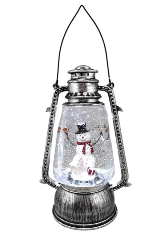White Plastic Lantern Warm White LED Snow Globe with Snowman & Santa