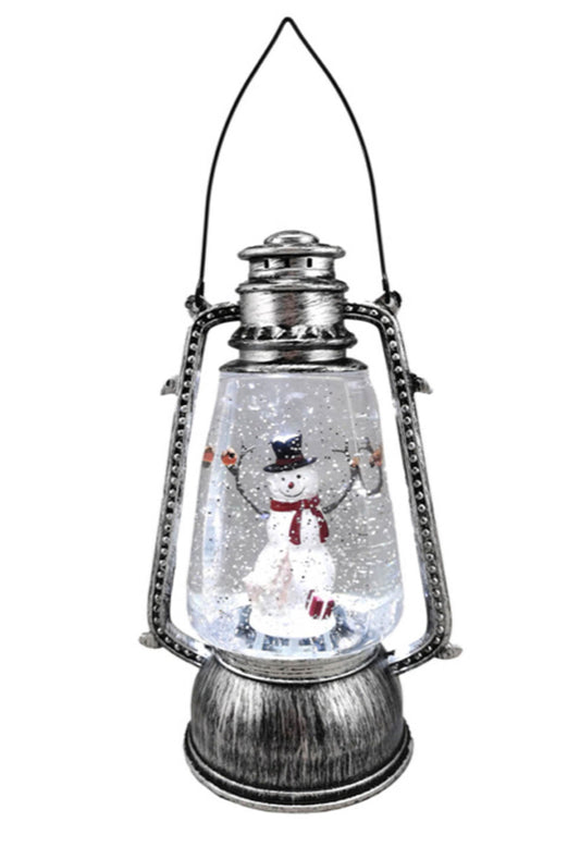 White Plastic Lantern Warm White LED Snow Globe with Snowman & Santa