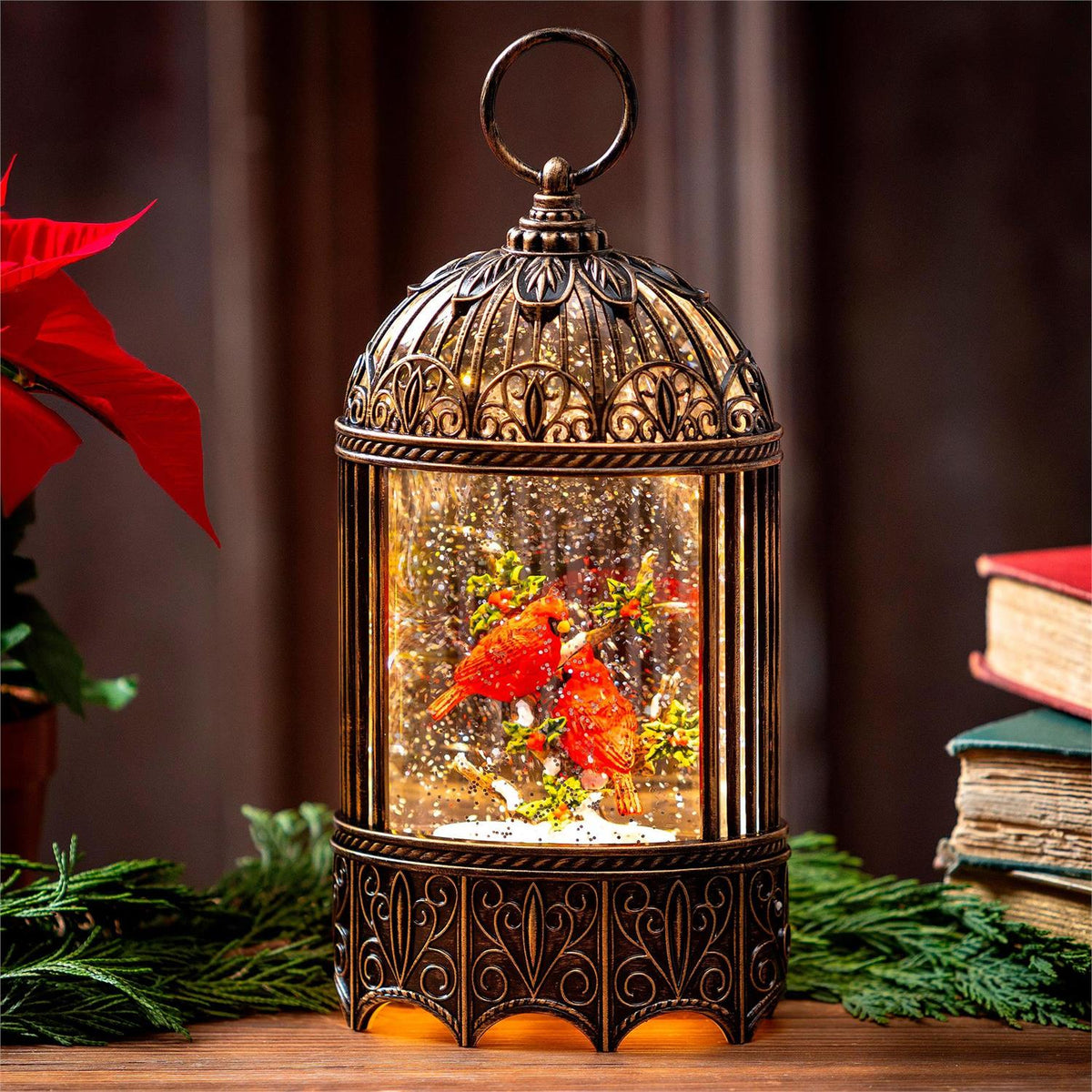 Snowbirds LED Table Decor Cardinal in Birdcage Plastic Water Lantern, 11.75"H