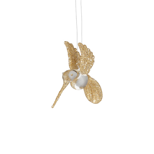 Glass hummingbird orn,clear w/ gold glitter wings