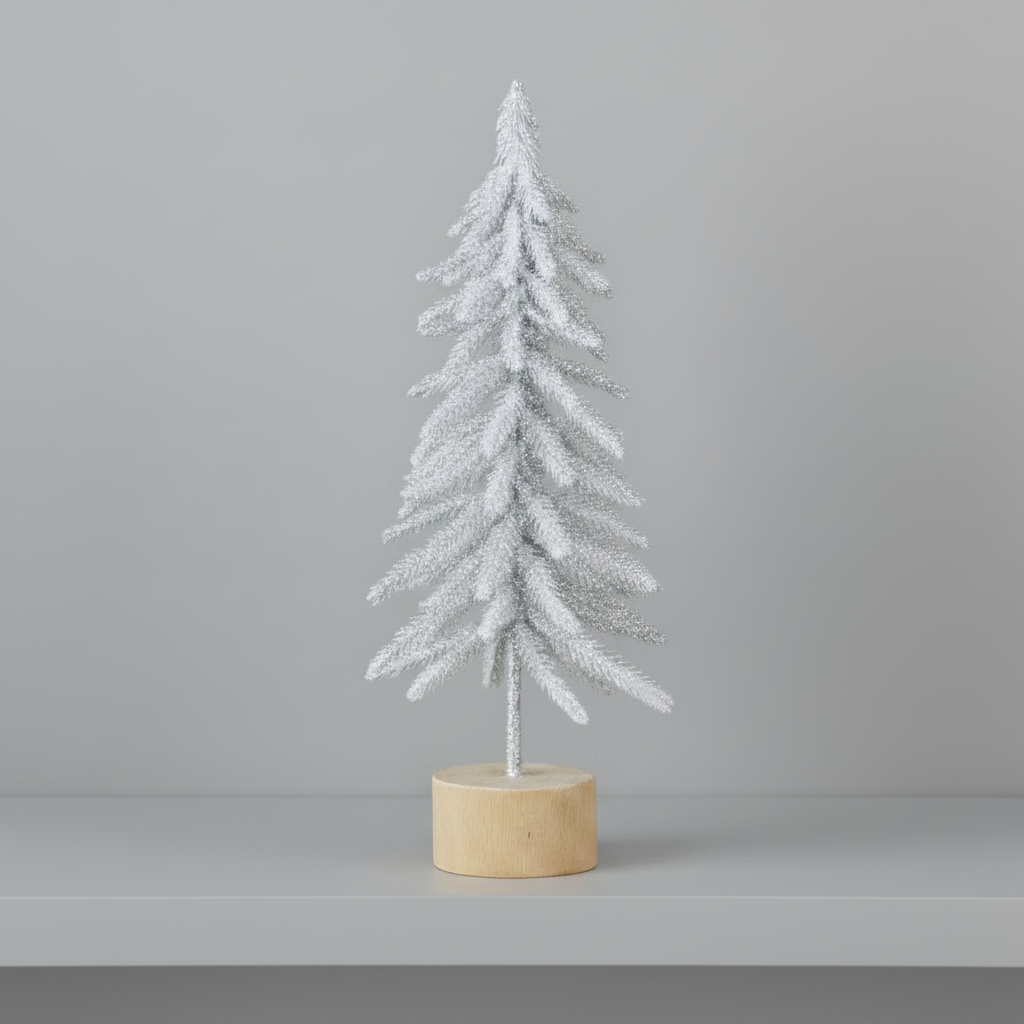 Frosted Tree With Silver Glitter on White  Branches, 14 Inches