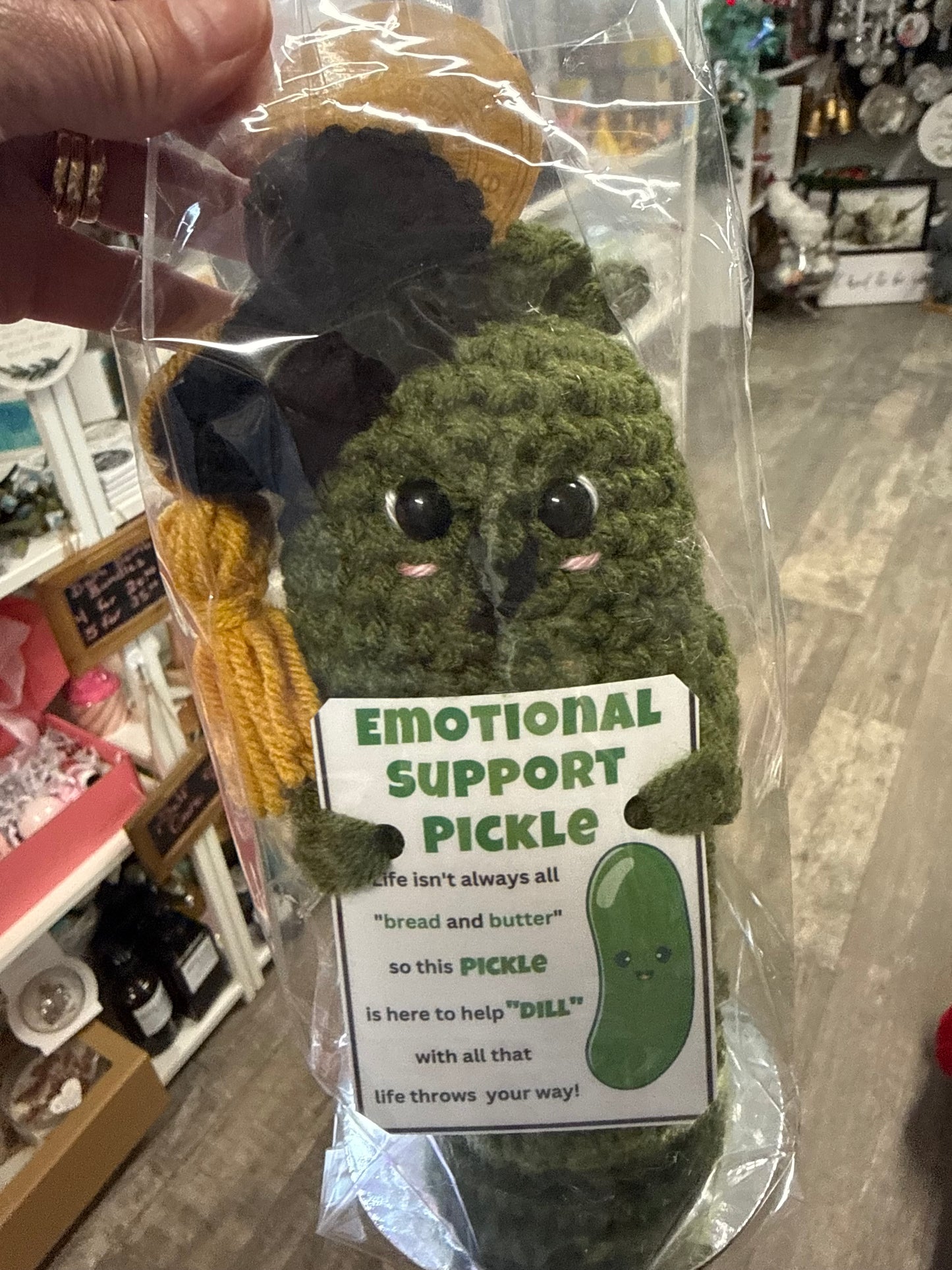 Handmade “EMOTIONAL SUPPORT” Crochet Pickle with sweet Sentiment