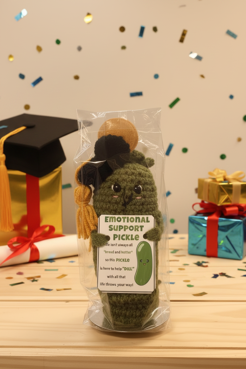 Handmade “EMOTIONAL SUPPORT” Crochet Pickle with sweet Sentiment