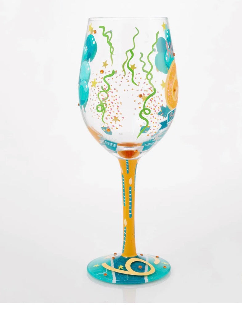 HAPPY 65TH BIRTHDAY HAND PAINTED WINE GLASS
