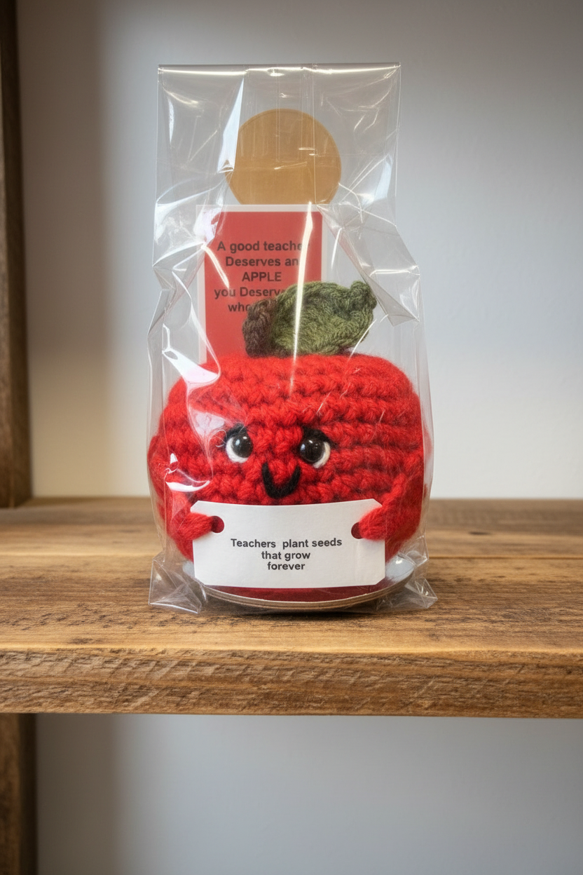 Crocheted Teachers Apple with sentiment “Teachers plant seeds that grow forever”