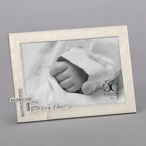 WHITE BAPTISM FRAME WITH RHINESTONE CROSS WITH SENTIMENT BAPTISM