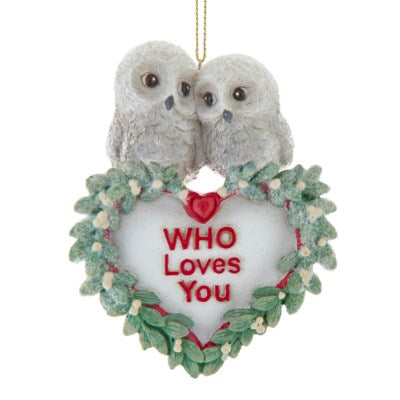 4" WHO LOVES YOU OWL HEART COUPLE ORNAMENT by Kurt Adler