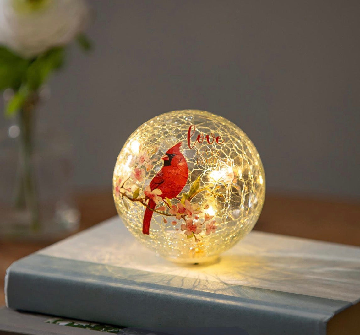 Memorial LED Table Decor Crackled Glass Hand Painted Globe Cardinal "Love Lives Forever", 4"