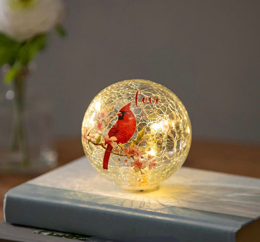 Memorial LED Table Decor Crackled Glass Hand Painted Globe Cardinal "Love Lives Forever", 4"