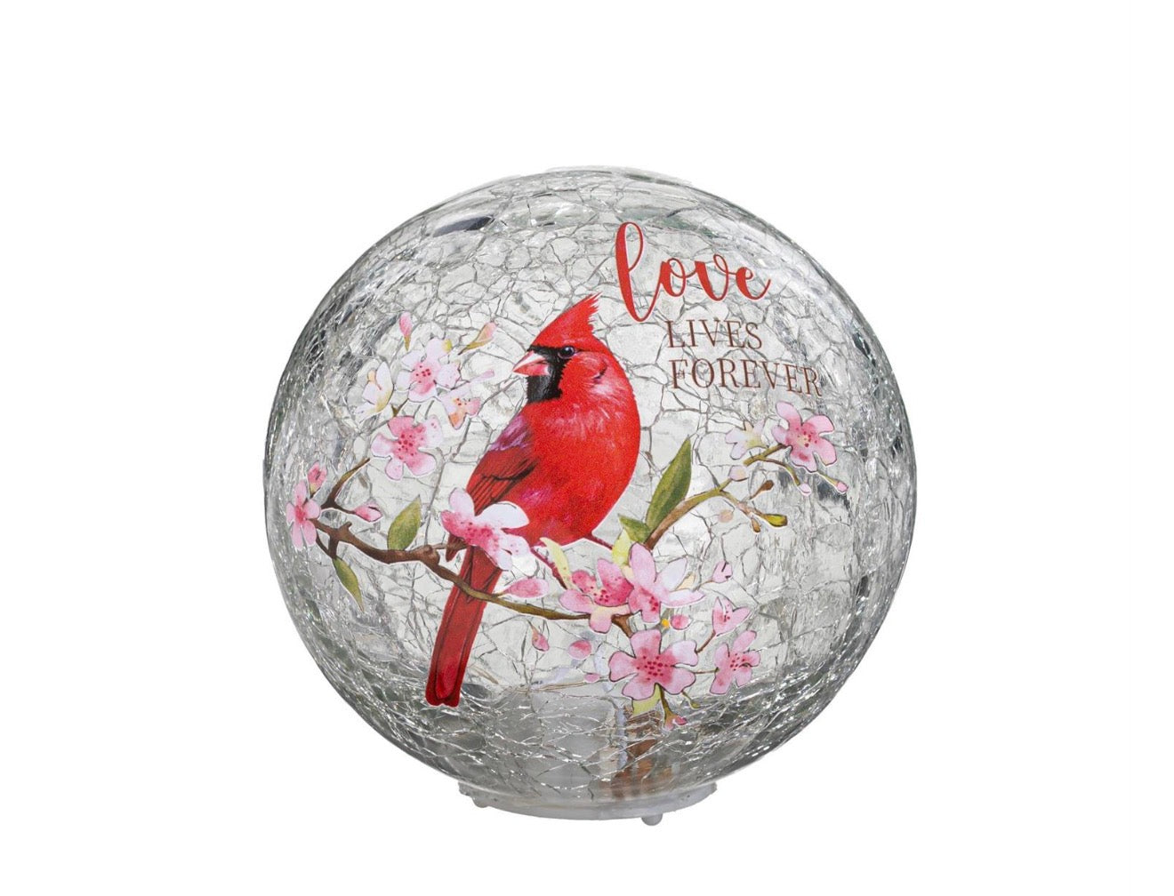 Memorial LED Table Decor Crackled Glass Hand Painted Globe Cardinal "Love Lives Forever", 4"