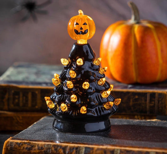 5" LED Ceramic Halloween Tree Table Decor with Jack-O-Lantern Pumpkin Topper