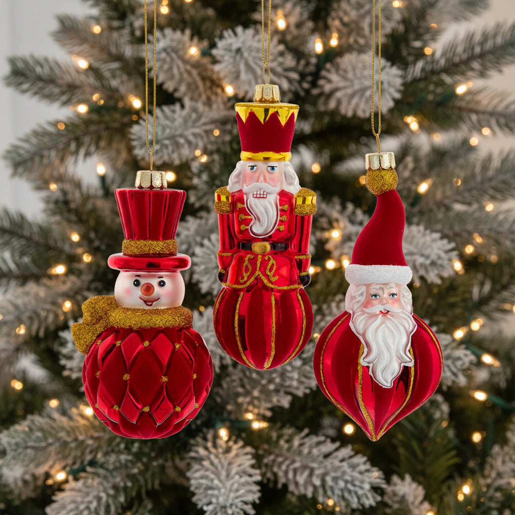 Glass Red & Gold Santa, Snowman & Nutcracker Ornaments, 3 Assorted (sold individually)
