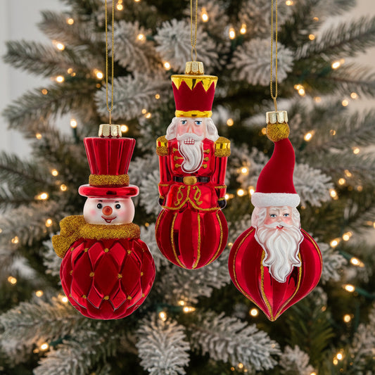 Glass Red & Gold Santa, Snowman & Nutcracker Ornaments, 3 Assorted (sold individually)
