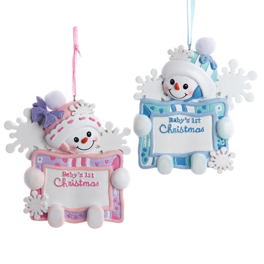 3.5" BABYS 1ST CHRISTMAS ORNAMENT SNOW BABY HOLDING SIGN 2 Assorted (sold individually)