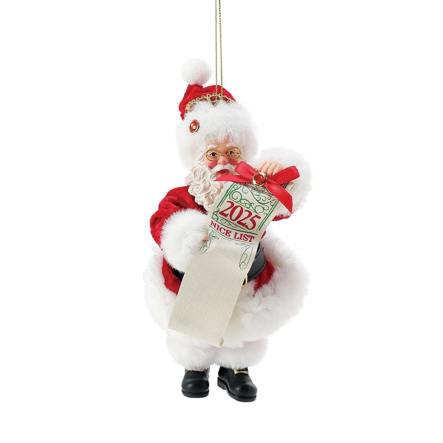 Sparkling ruby accents on Santa's fur-trimmed hat are in celebration of 2025, the 40th Anniversary of Possible Dreams Santas. The Nice List is ready for you to personalize with a permanent marker.