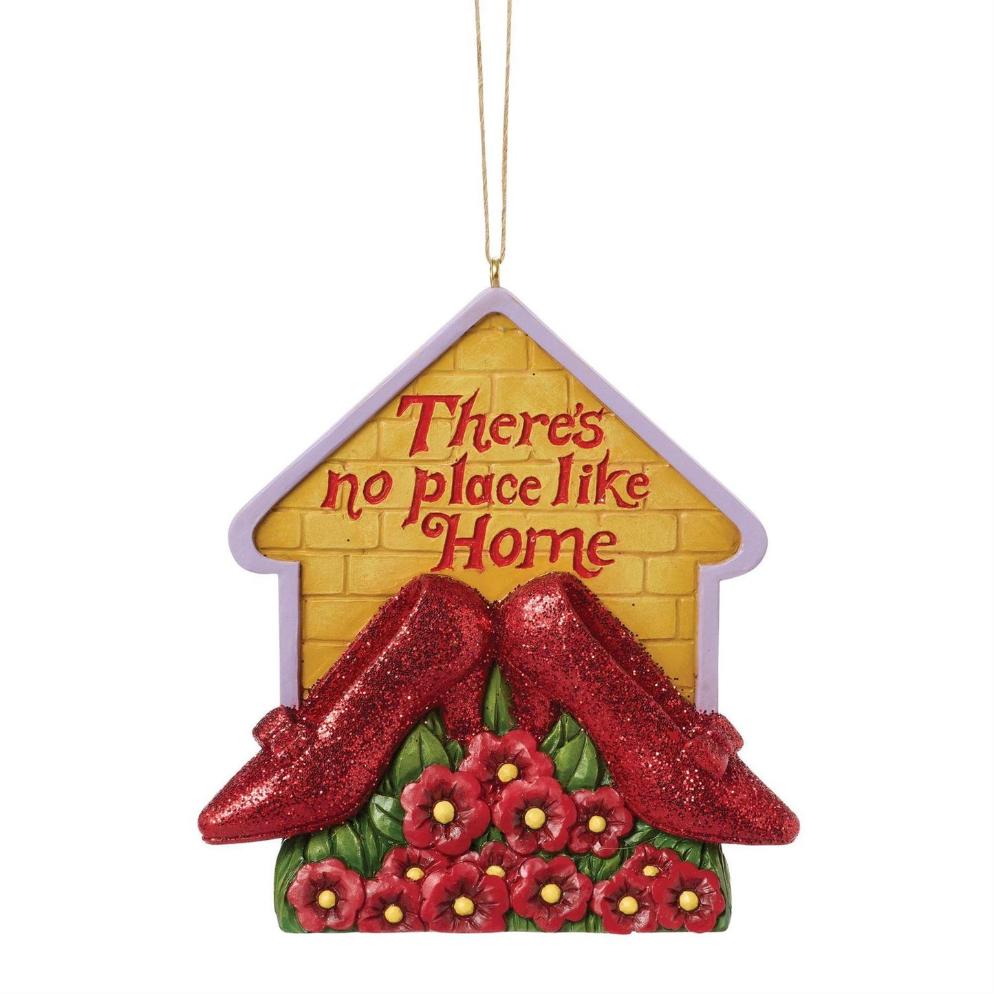 This captivating Jim Shore ornament features a Yellow Brick Road house outline adorned with Dorothy's sparkling slippers and vibrant red flowers. Inscribed with the message there's no place like home, remember to enjoy the holidays together.

