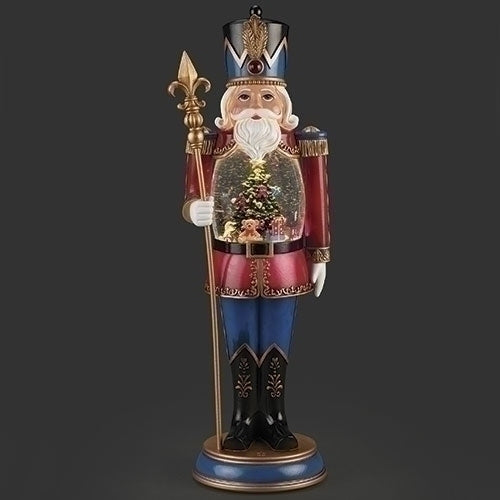 This 19" Lighted Swirl Nutcracker Statue Water Globe is an extraordinary decoration, featuring a mesmerizing waterglobe in the chest of the nutcracker. The waterglobe showcases toys going around a beautiful Christmas tree, adding a festive touch to any room. Made with top quality paint, this nutcracker will be a stunning addition to your holiday decor.


