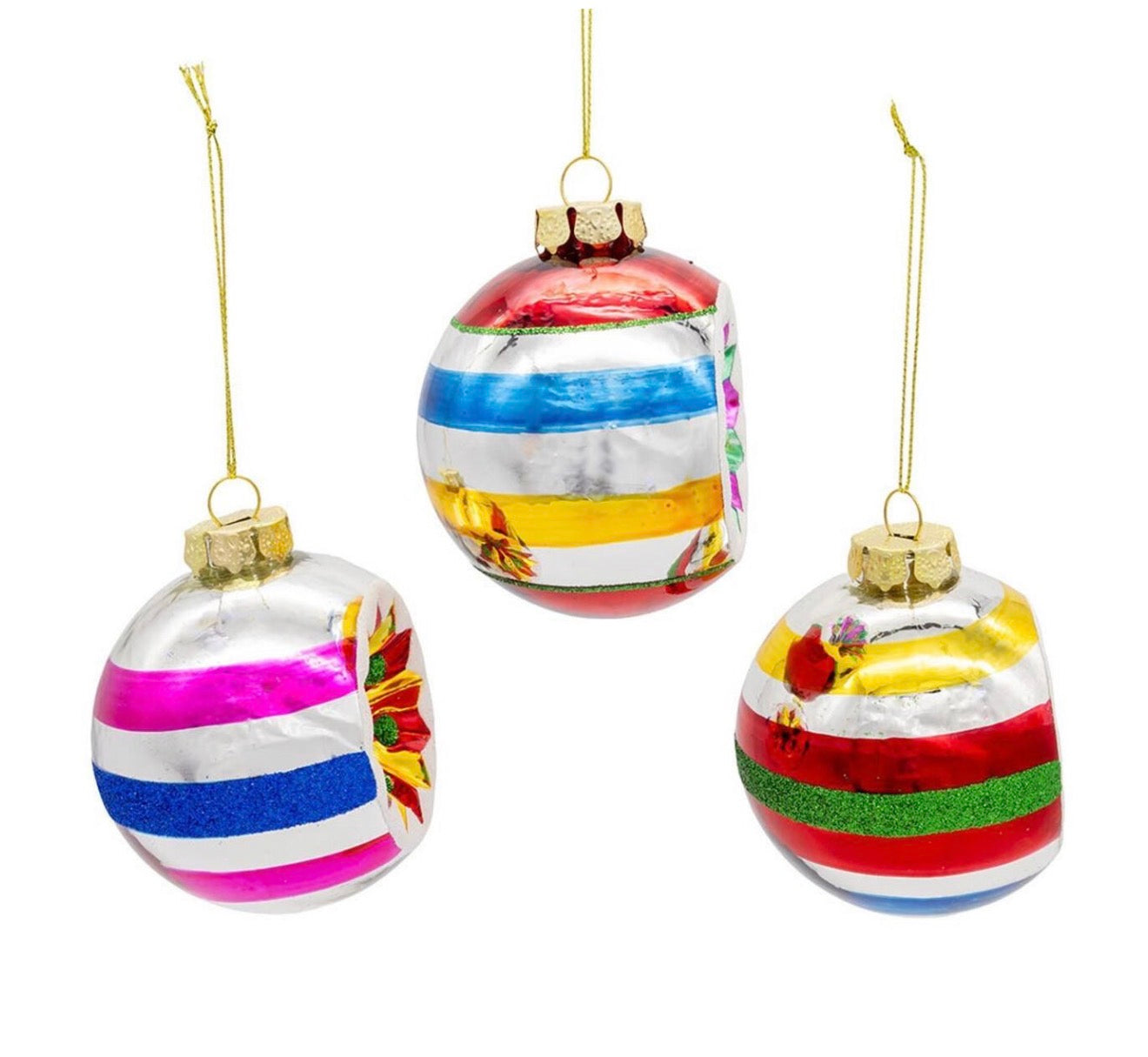 80MM Glass Multicolor Reflector Ornaments, 3-Piece Box