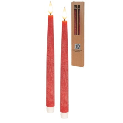 "Illuminate your home with our TAPER-RED LED 11" candles. These rustic wax tapers feature an LED wick for a safe and long-lasting flame. Each set comes with 2 candles and requires only 2 AAA batteries. Enjoy the warm, cozy glow without the worry of traditional candles. UPC: 771772936643. 11.5"h."