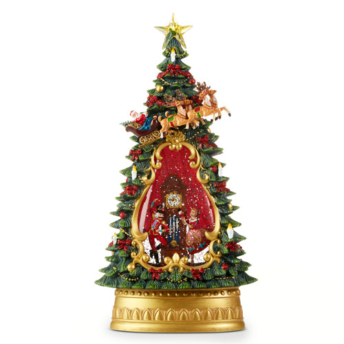 Experience the magic of Christmas with our 13.75" Nutcracker Ballet Musical Lighted Water Tree. This beautiful water globe features a Nutcracker scene encased in a Christmas tree, topped with Santa and his reindeer. Watch as the lighted tree and music bring the scene to life, adding a touch of enchantment to your holiday decor.