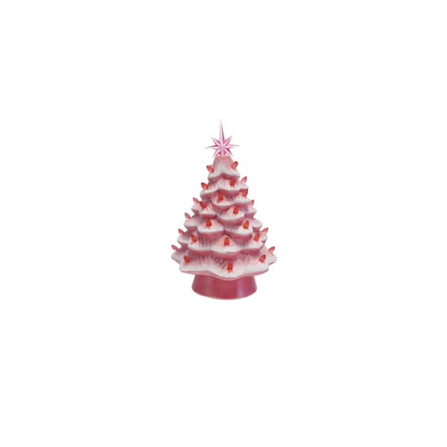 Ceramic LED Christmas Tree with Plastic Bulbs & Star, Pink & White, 13.75 Inches