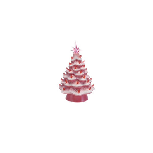 Ceramic LED Christmas Tree with Plastic Bulbs & Star, Pink & White, 13.75 Inches