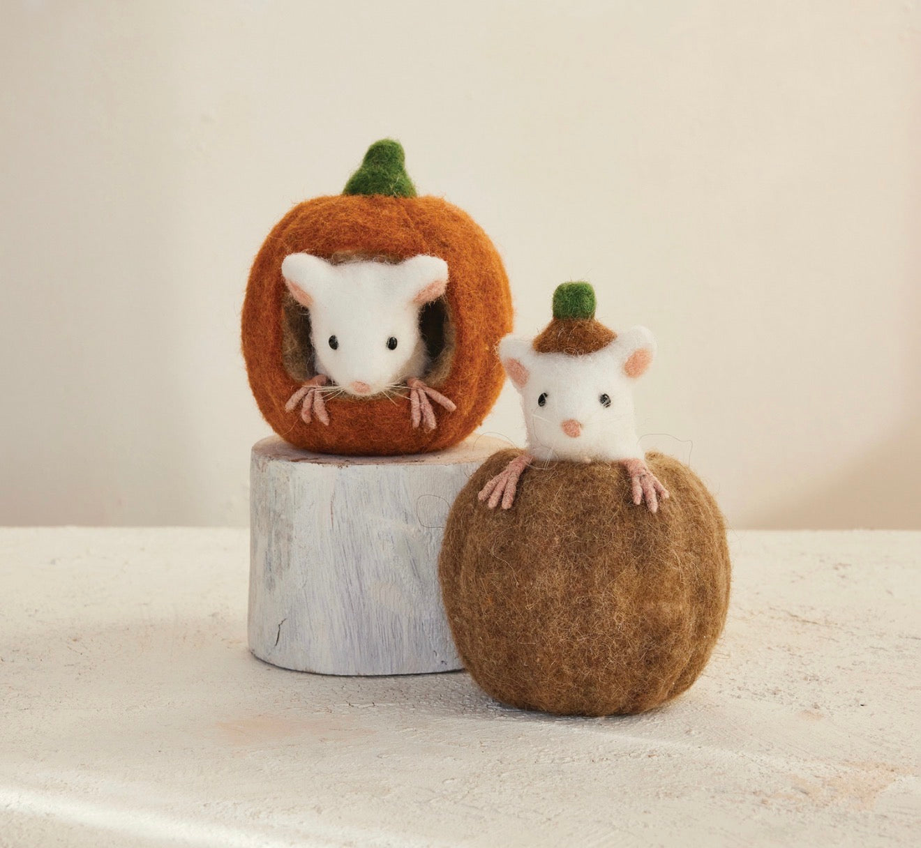 4" Round x 5-1/2"H Handmade Wool Felt Pumpkin with Mouse, 2 Styles (sold individually)