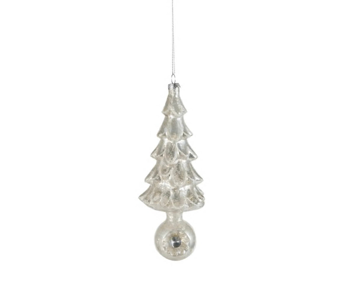 Mercury Glass Tree Ornament with Ball Base & Glitter, Silver Finish