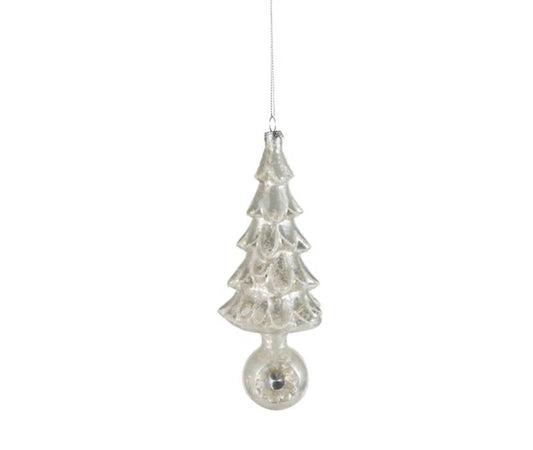 Mercury Glass Tree Ornament with Ball Base & Glitter, Silver Finish