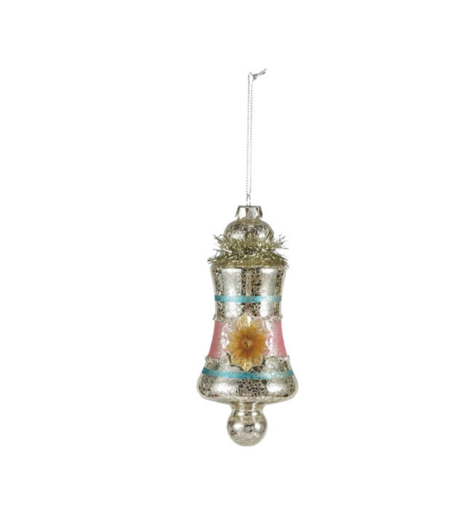 Hand-Painted Mercury Glass Ornament with Stripes, Tinsel & Glitter