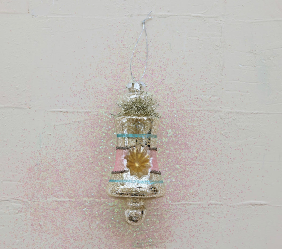 Hand-Painted Mercury Glass Ornament with Stripes, Tinsel & Glitter