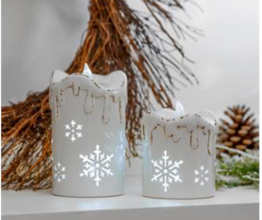 Season to Sparkle, LED Ceramic Candle with Snowflake Set of Two