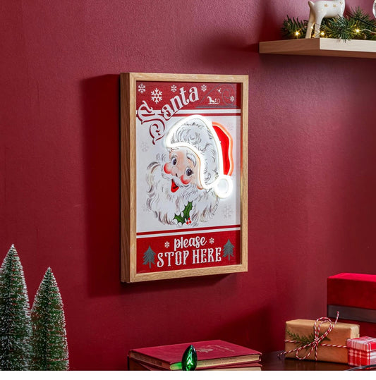 Heartfelt Cheer Wall Décor, LED Canvas,Vintage Santa Please Stop Here, 12" x 16"