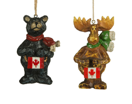 2 Assorted Standing Bear & Moose with Canada Flag Ornament (Sold Individually)