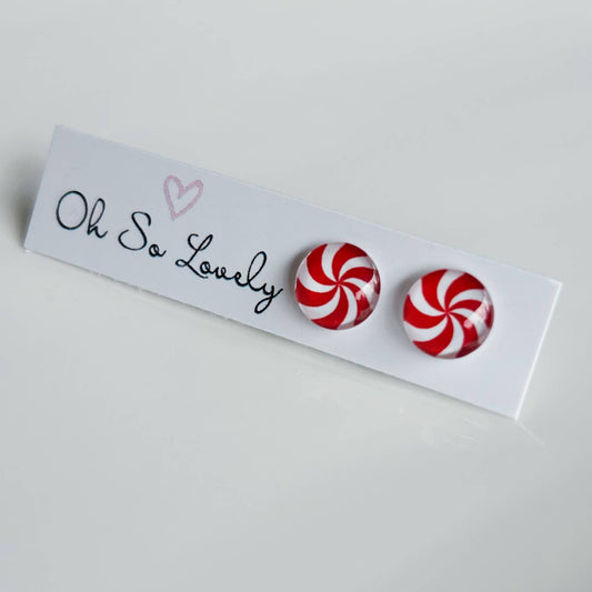 Oh So Lovely - Red Candy Swirl Christmas Stud Earrings